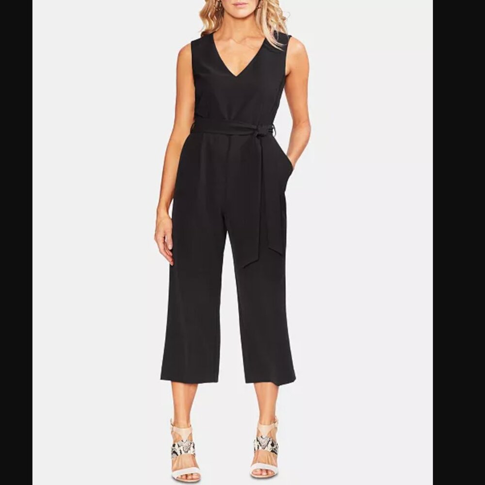 Vince Camuto Sleeveless Belted Wide-Leg Crop Jumpsuit – Rich Black – Size 14